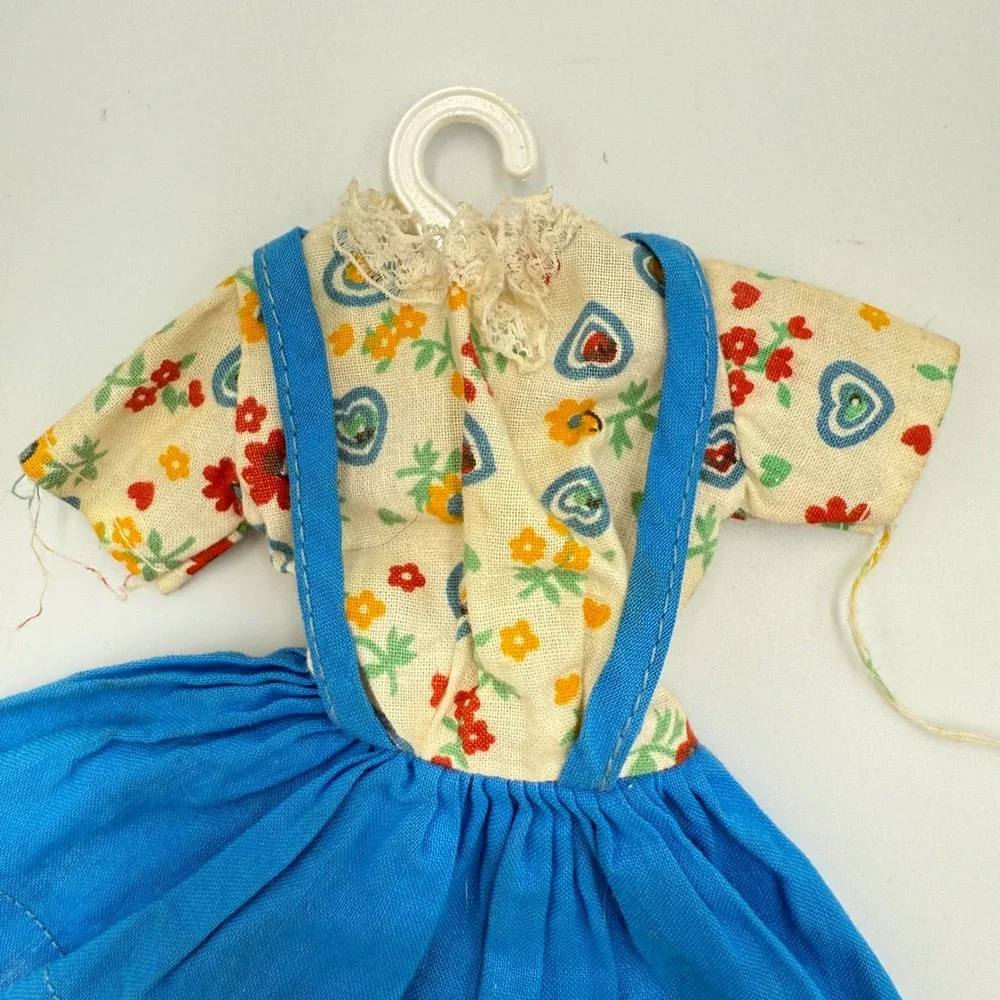Vtg Barbie Clone Doll Dress‎ & Hanger | Floral Top/Blue Pinafore Skirt | 1960s